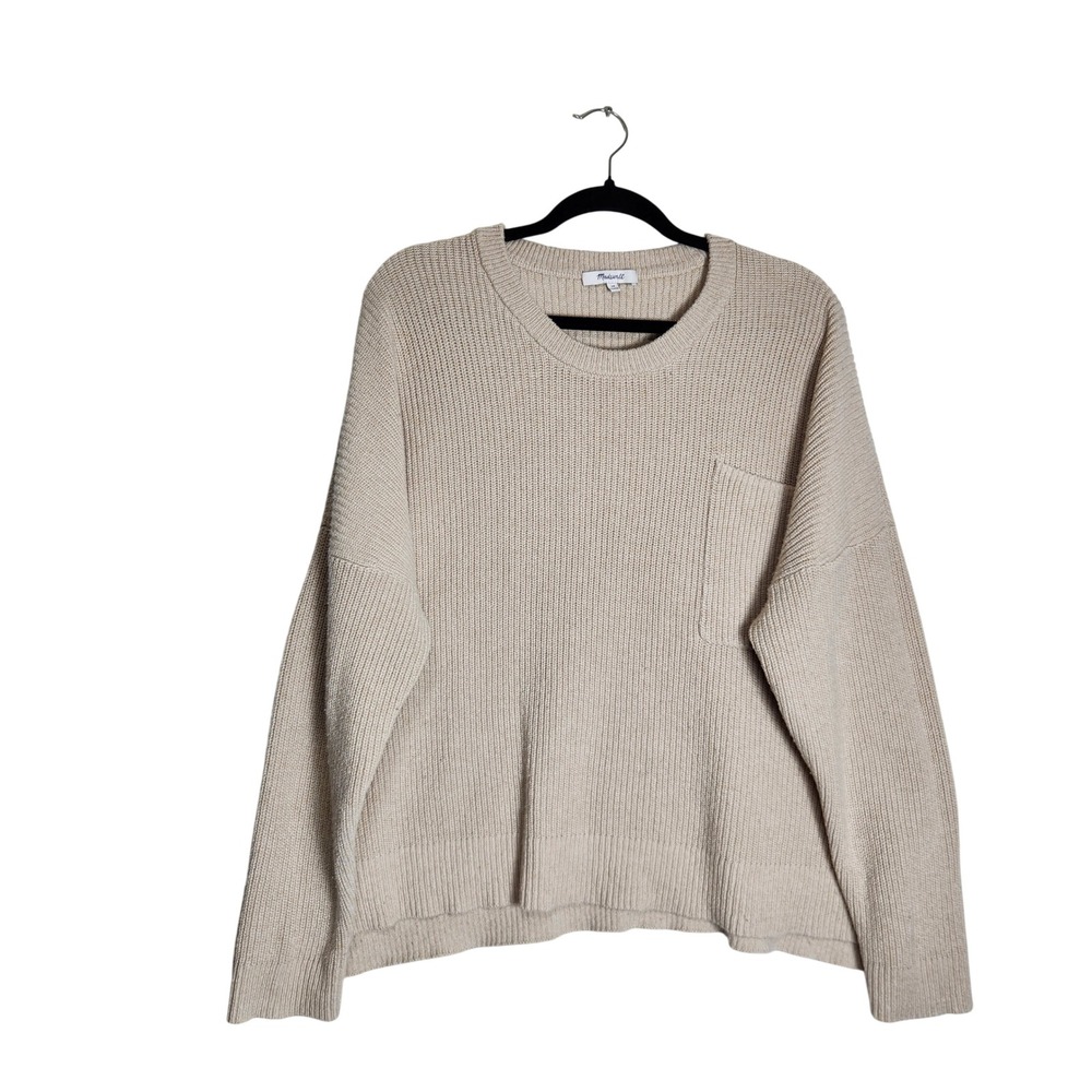Madewell Womens 3X Beige Ribbed Crewneck Pocket Sweater Cotton Blend Oatmeal